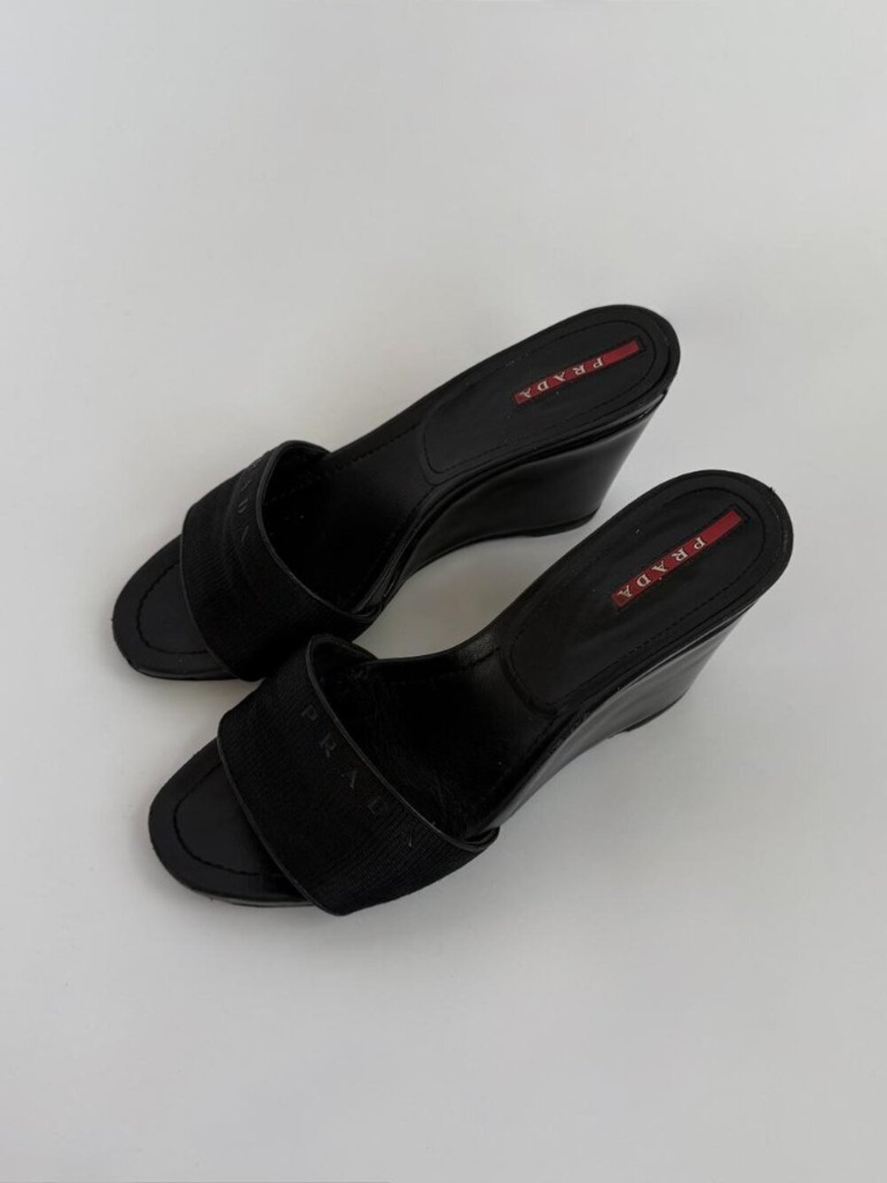 Vintage 90s Prada Sport Linea Rossa Black Wedge Mules